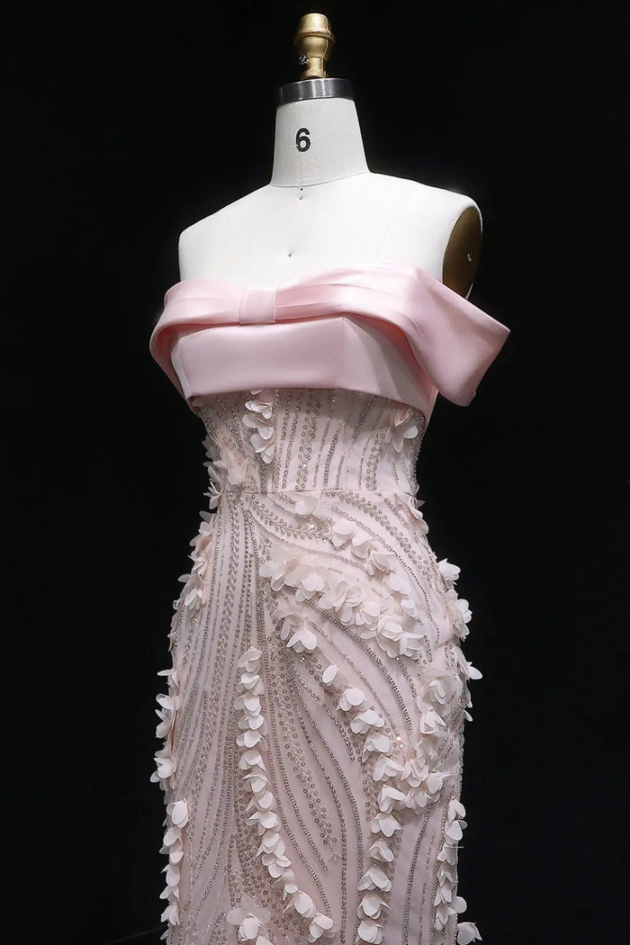 Blush Pink 3D Floral Mermaid Off-the-Shoulder Prom Dress SH148 Sheer Fairy