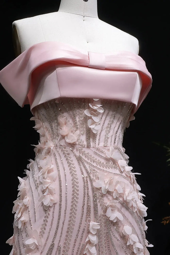 Blush Pink 3D Floral Mermaid Off-the-Shoulder Prom Dress SH148 Sheer Fairy
