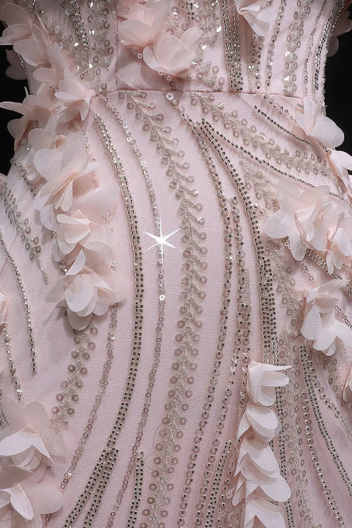 Blush Pink 3D Floral Mermaid Off-the-Shoulder Prom Dress SH148 Sheer Fairy