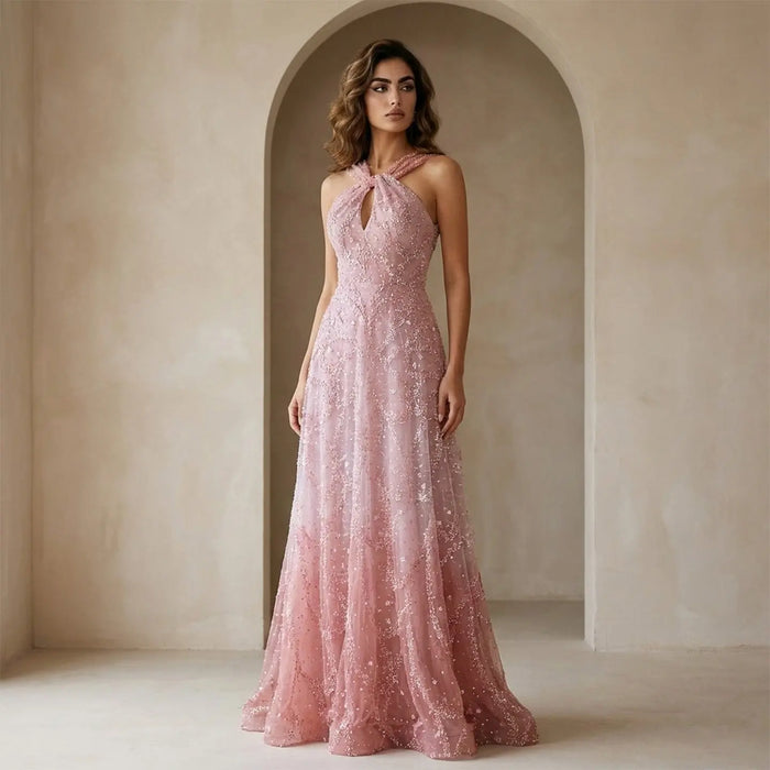 Blush Pink Halter Neck Beaded Floral A-Line Evening Dress Gown SS709 Sheer Fairy