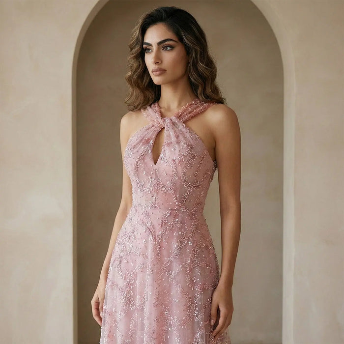 Blush Pink Halter Neck Beaded Floral A-Line Evening Dress Gown SS709 Sheer Fairy