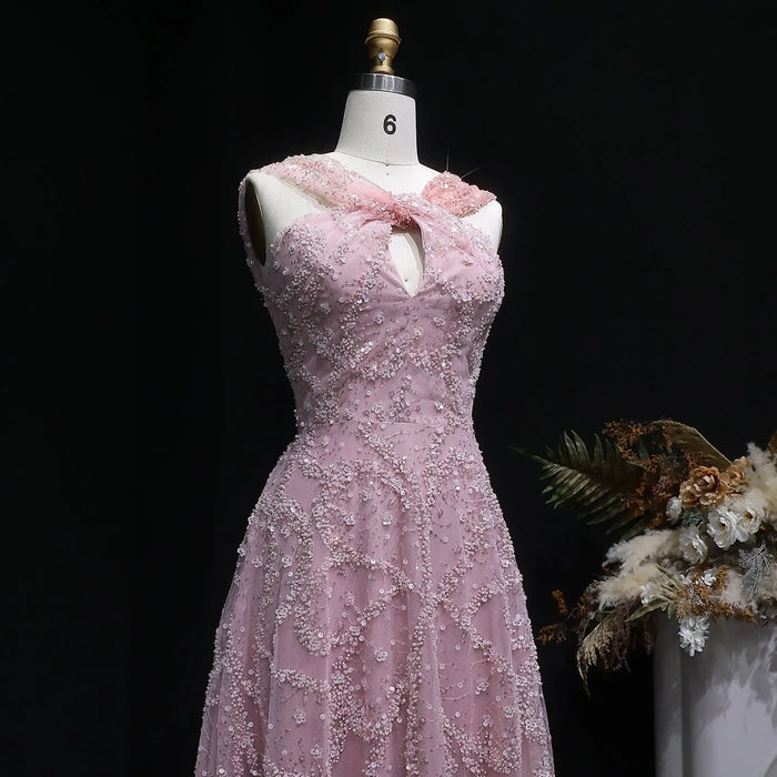 Blush Pink Halter Neck Beaded Floral A-Line Evening Dress Gown SS709 Sheer Fairy