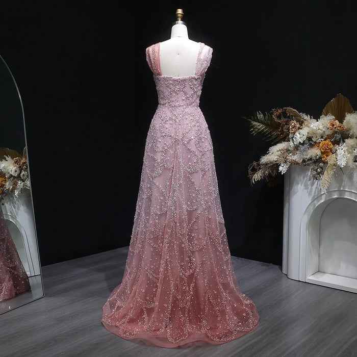 Blush Pink Halter Neck Beaded Floral A-Line Evening Dress Gown SS709 Sheer Fairy