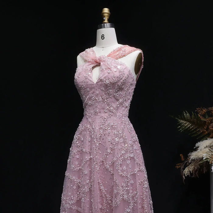 Blush Pink Halter Neck Beaded Floral A-Line Evening Dress Gown SS709 Sheer Fairy
