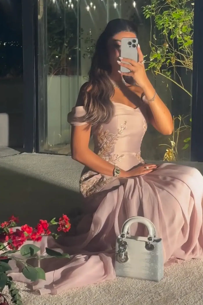 Blush Pink Off-the-Shoulder Beaded Floral Peplum Evening Dress SF502 Sheer Fairy