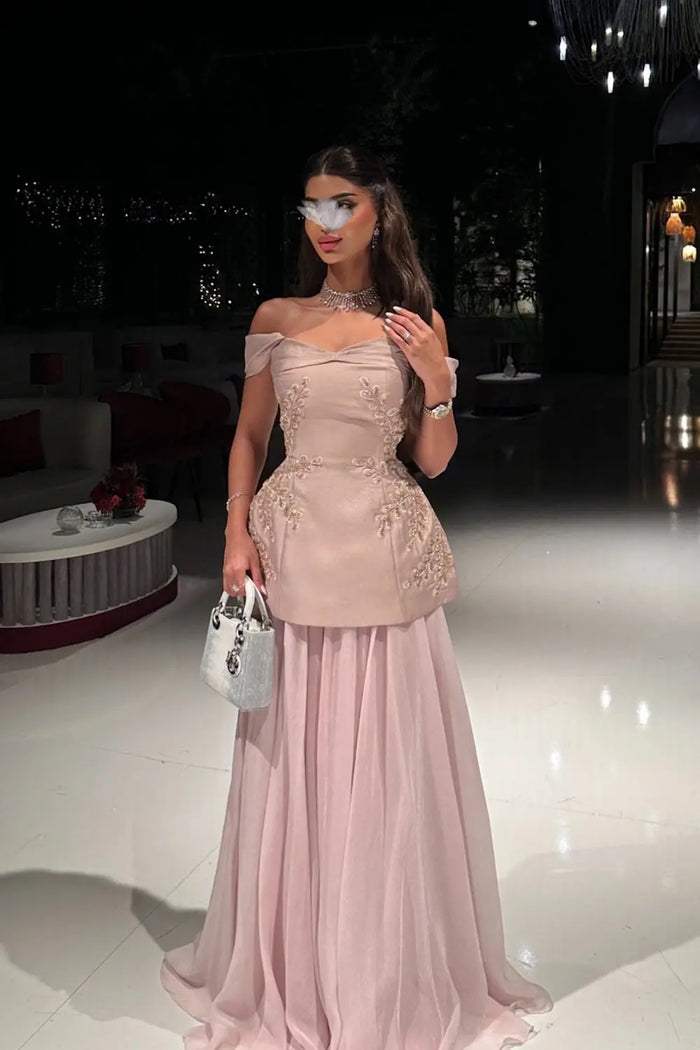 Blush Pink Off-the-Shoulder Beaded Floral Peplum Evening Dress SF502 Sheer Fairy
