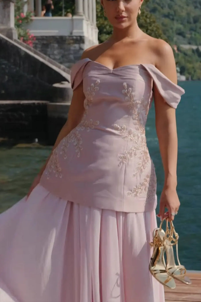 Blush Pink Off-the-Shoulder Beaded Floral Peplum Evening Dress SF502 Sheer Fairy