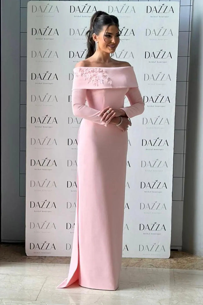 Blush Pink Off-the-Shoulder Crepe Evening Dress with 3D Floral Appliqués SF404 Sheer Fairy