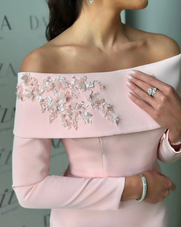 Blush Pink Off-the-Shoulder Crepe Evening Dress with 3D Floral Appliqués SF404 Sheer Fairy