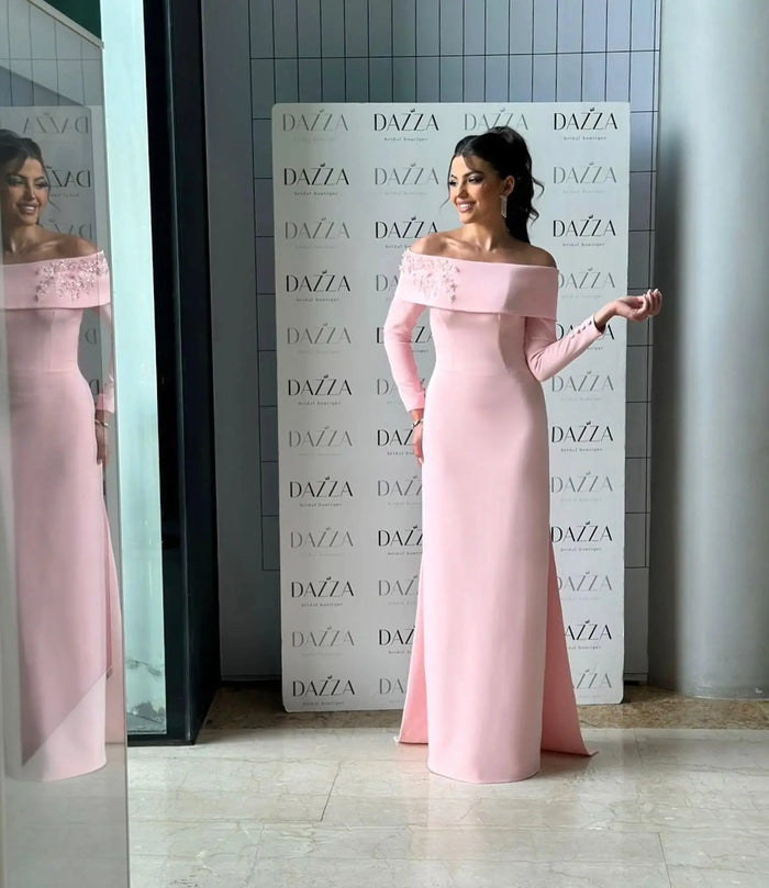 Blush Pink Off-the-Shoulder Crepe Evening Dress with 3D Floral Appliqués SF404 Sheer Fairy