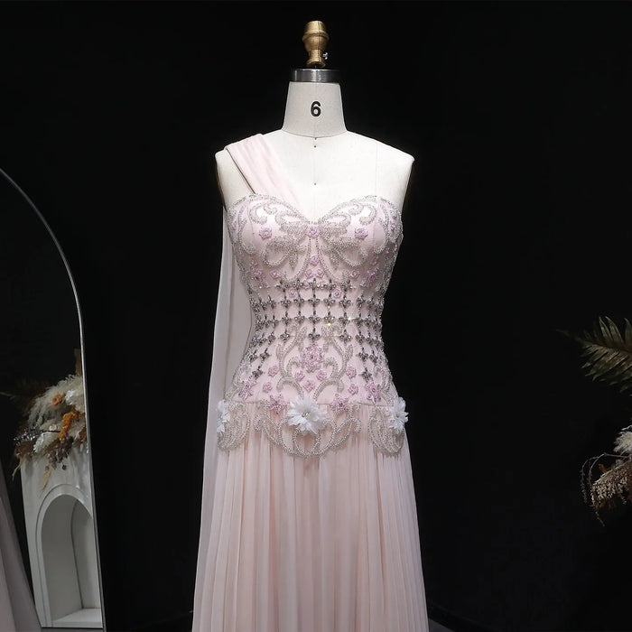 Blush Pink One-Shoulder Beaded Chiffon Evening Dress Gown SS285 Sheer Fairy