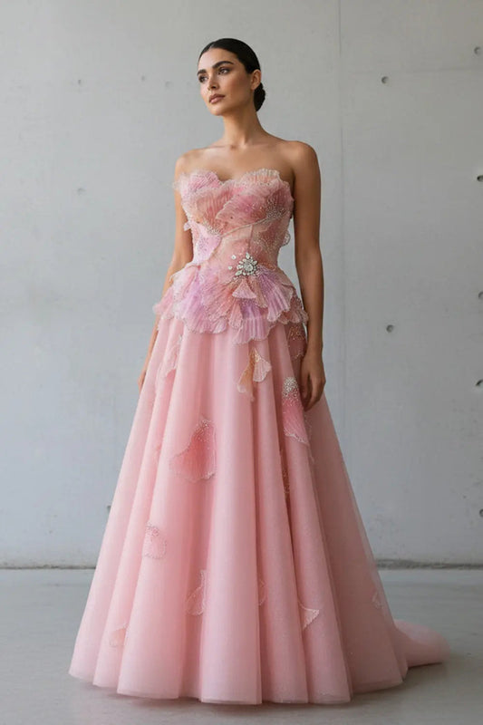 Blush Pink Strapless 3D Floral Ball Gown Long Evening Dress SS749 Sheer Fairy