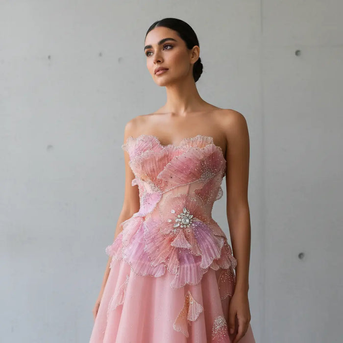 Blush Pink Strapless 3D Floral Ball Gown Long Evening Dress SS749 Sheer Fairy