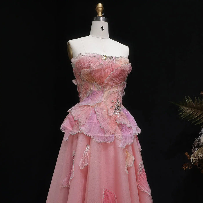 Blush Pink Strapless 3D Floral Ball Gown Long Evening Dress SS749 Sheer Fairy