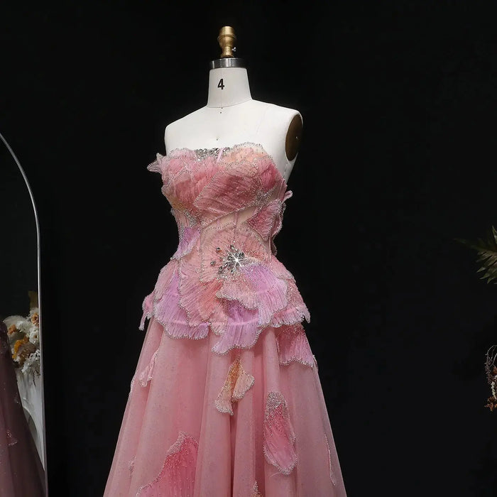 Blush Pink Strapless 3D Floral Ball Gown Long Evening Dress SS749 Sheer Fairy
