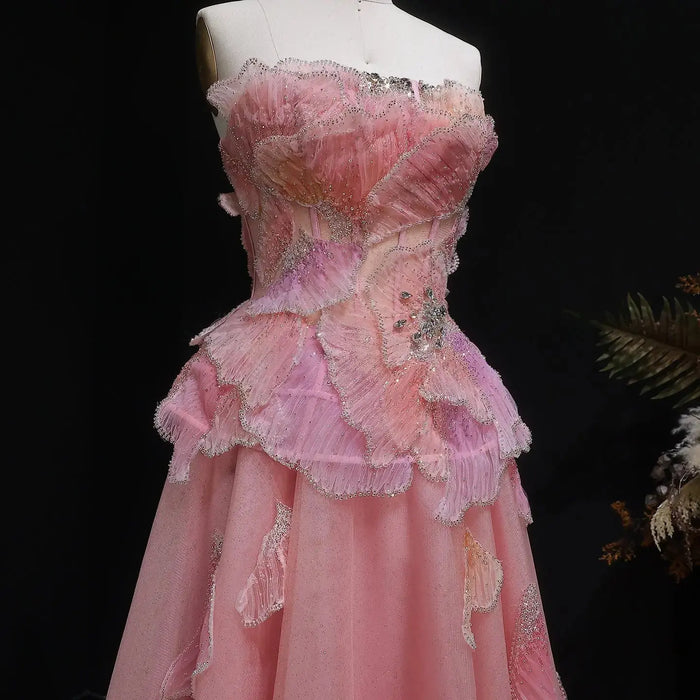 Blush Pink Strapless 3D Floral Ball Gown Long Evening Dress SS749 Sheer Fairy