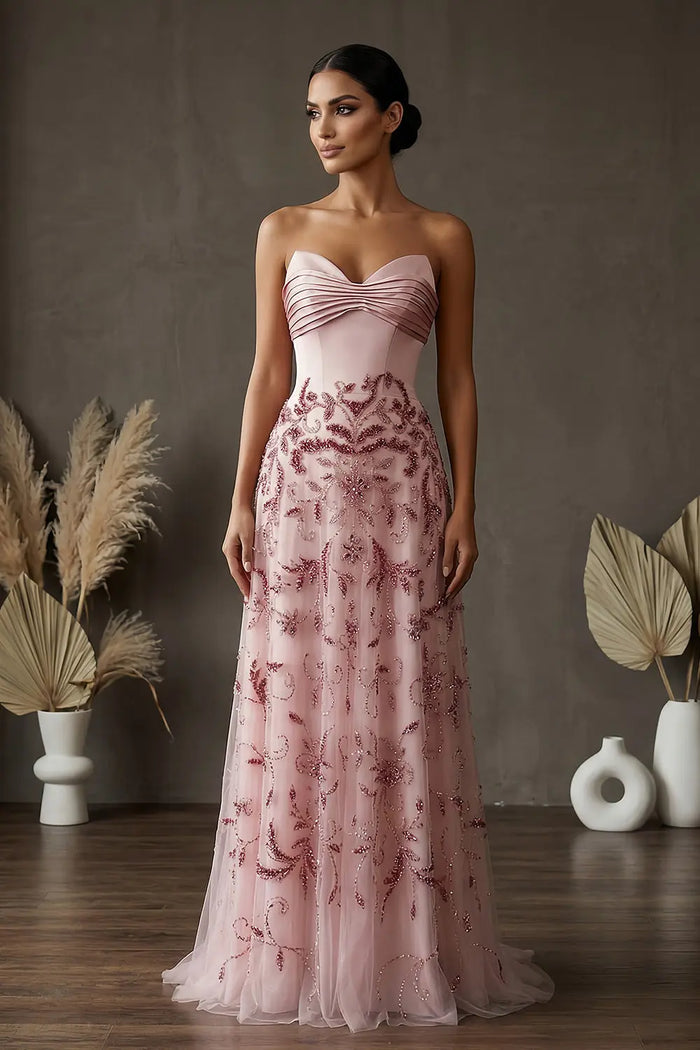Blush Pink Strapless Sweetheart Beaded Floral A-Line Evening Gown SS529 Sheer Fairy