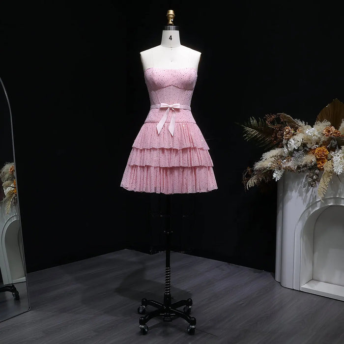 Blush Pink Strapless Tiered Tulle Homecoming Dress with Rhinestones & Bow RM134 Sheer Fairy
