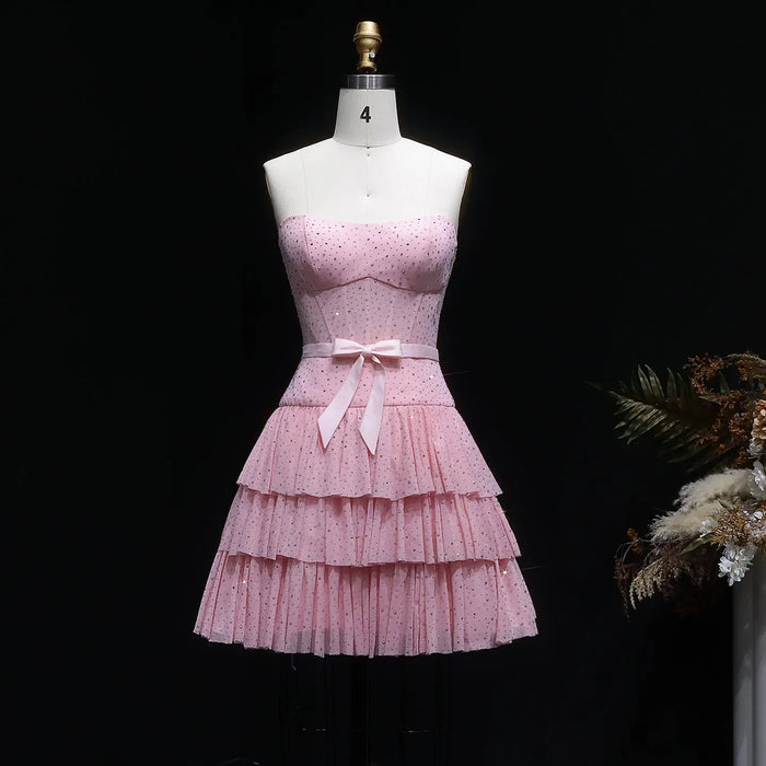 Blush Pink Strapless Tiered Tulle Homecoming Dress with Rhinestones & Bow RM134 Sheer Fairy
