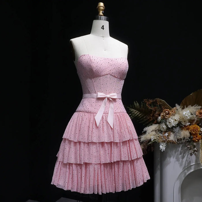 Blush Pink Strapless Tiered Tulle Homecoming Dress with Rhinestones & Bow RM134 Sheer Fairy