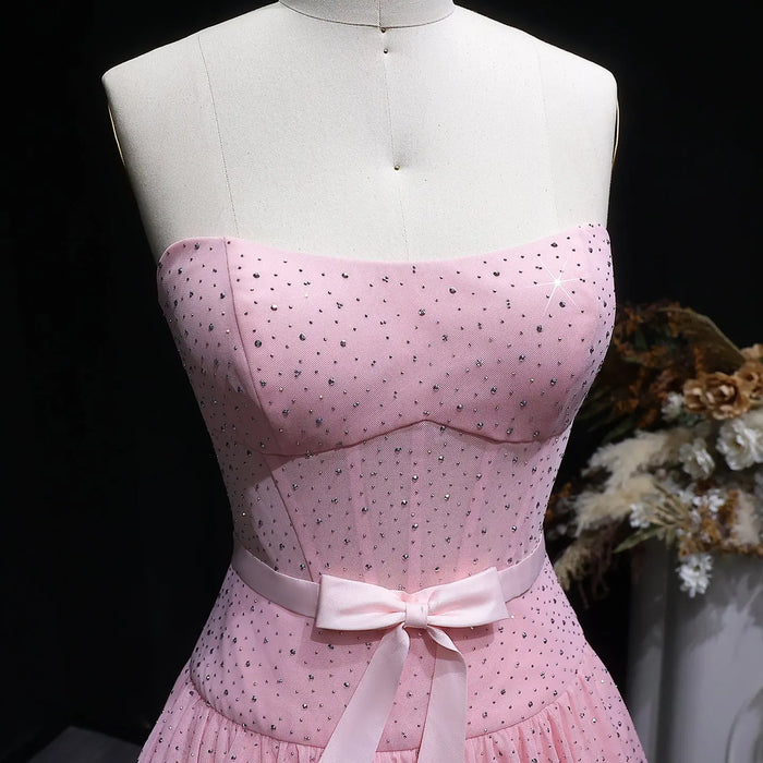 Blush Pink Strapless Tiered Tulle Homecoming Dress with Rhinestones & Bow RM134 Sheer Fairy