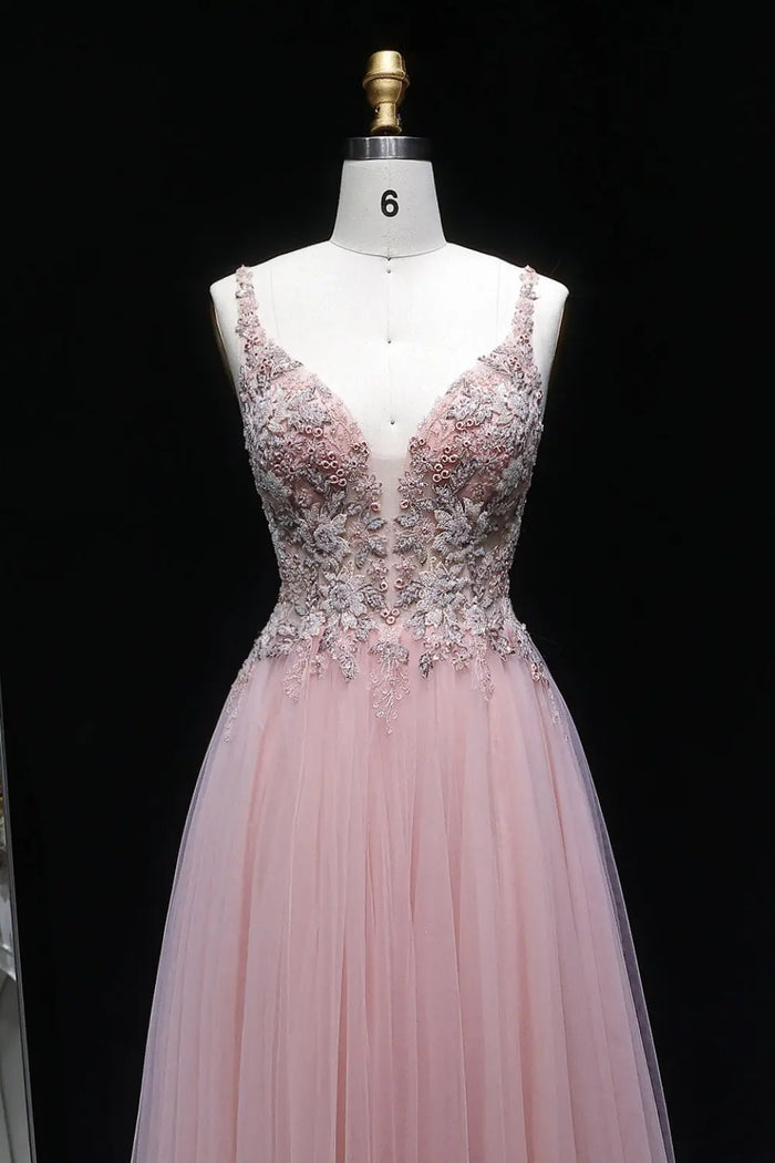 Blush Tulle V-Neck A-Line Prom Dress with 3D Lace SH139 Sheer Fairy