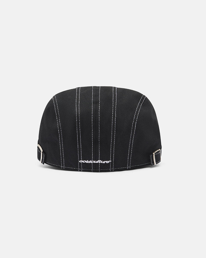 BONET BLACK - black contrast stitch flat cap, back view - Cold Culture