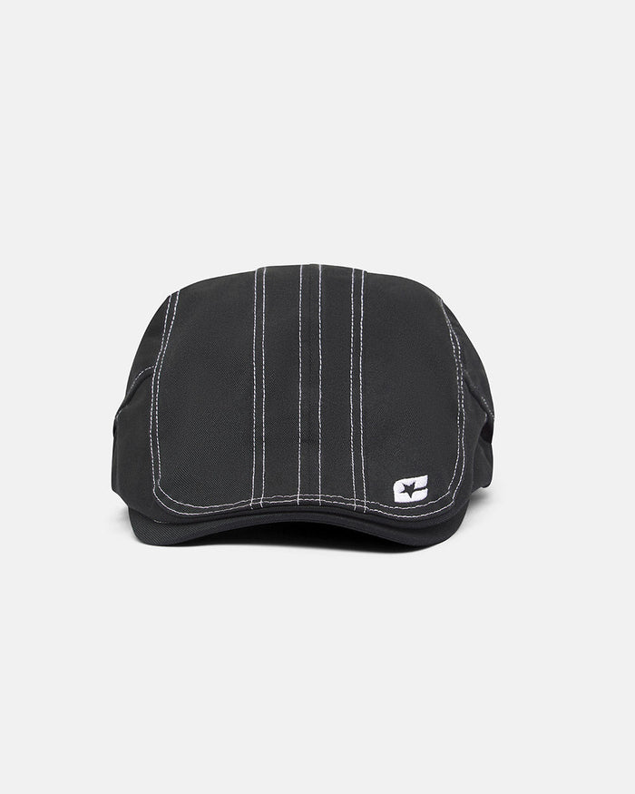 BONET BLACK - black contrast stitch flat cap, front view - Cold Culture