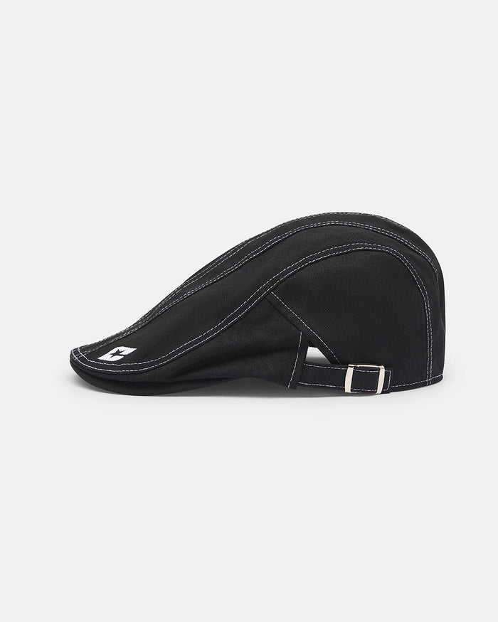BONET BLACK - black contrast stitch flat cap, side view - Cold Culture
