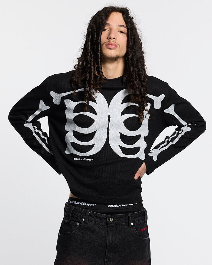 BONEY LONGSLEEVE BLACK - black skeleton print longsleeve tee, front view on male model - Cold Culture #man