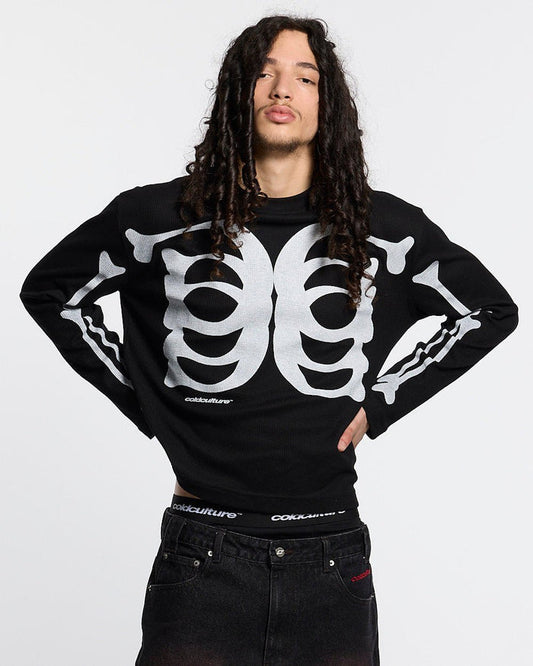BONEY LONGSLEEVE BLACK - black skeleton print longsleeve tee, front view on male model - Cold Culture #man