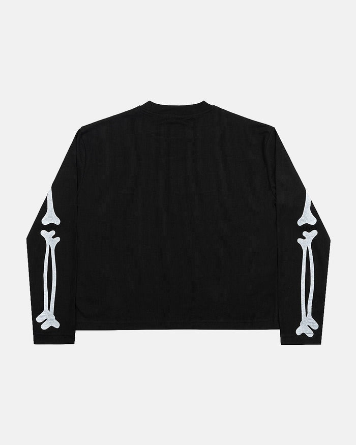 BONEY LONGSLEEVE BLACK - black skeleton print longsleeve tee, back view - Cold Culture