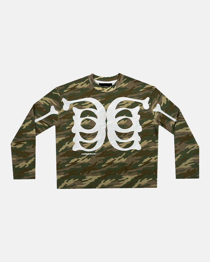 BONEY LONGSLEEVE CAMO - camo skeleton print longsleeve tee, front view - Cold Culture