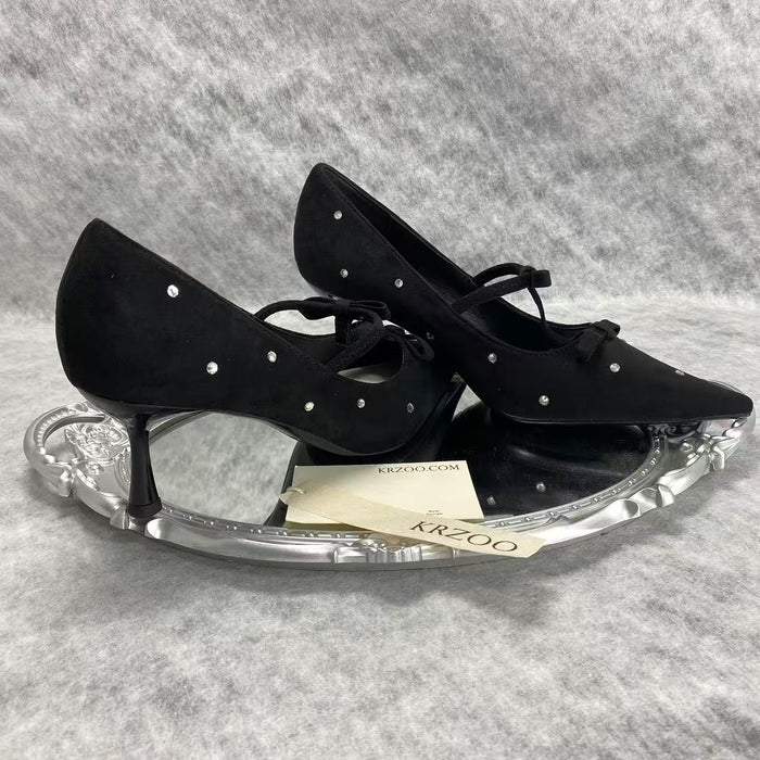 Bowsquare-toe black rhinestone high heels
