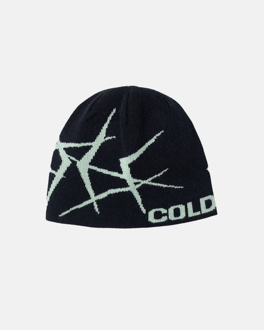 BRAMBLES BEANIE DARK BLUE - dark blue knit beanie, front view - Cold Culture