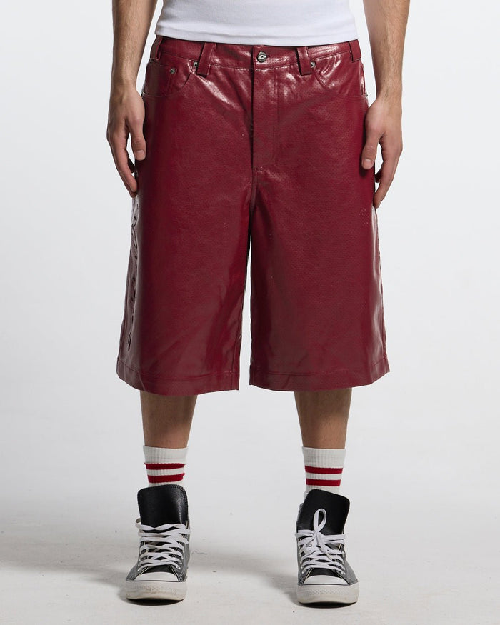 BRAVE SHORT BURGUNDY - burgundy perforated leather shorts, front view on male model - Cold Culture #man