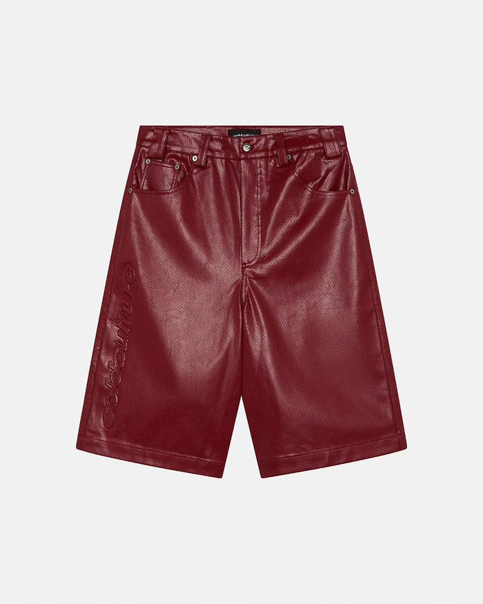 BRAVE SHORT BURGUNDY - burgundy perforated leather shorts, front view - Cold Culture