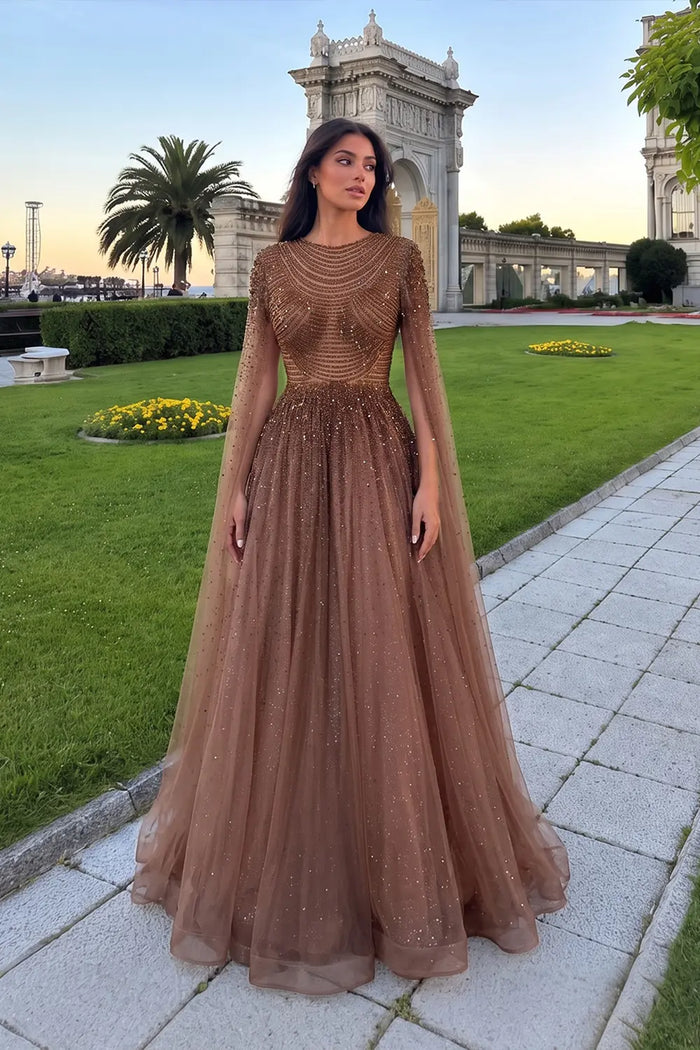 Sparkling Beaded A Line Evening Gown Long Cape Sleeves Glitzy Prom Dress SS059 Sheer Fairy