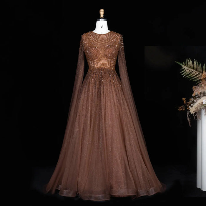 Sparkling Beaded A Line Evening Gown Long Cape Sleeves Glitzy Prom Dress SS059 Sheer Fairy