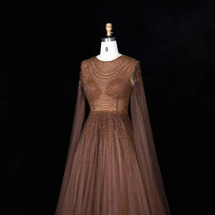Sparkling Beaded A Line Evening Gown Long Cape Sleeves Glitzy Prom Dress SS059 Sheer Fairy