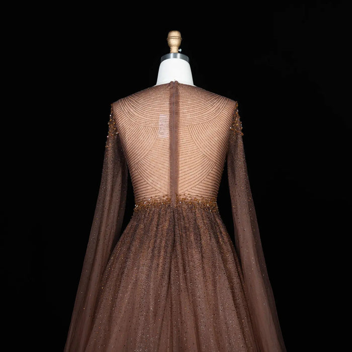 Sparkling Beaded A Line Evening Gown Long Cape Sleeves Glitzy Prom Dress SS059 Sheer Fairy