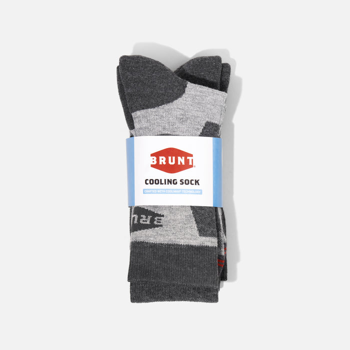 View 1 durable cooling socks from COOLMAX yarn with BRUNT logo in grey folded in package * # 2-Pack