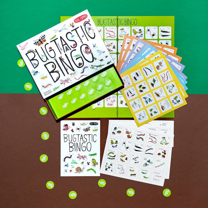 Bugtastic Bingo game set with cards and boxes on a green and brown background