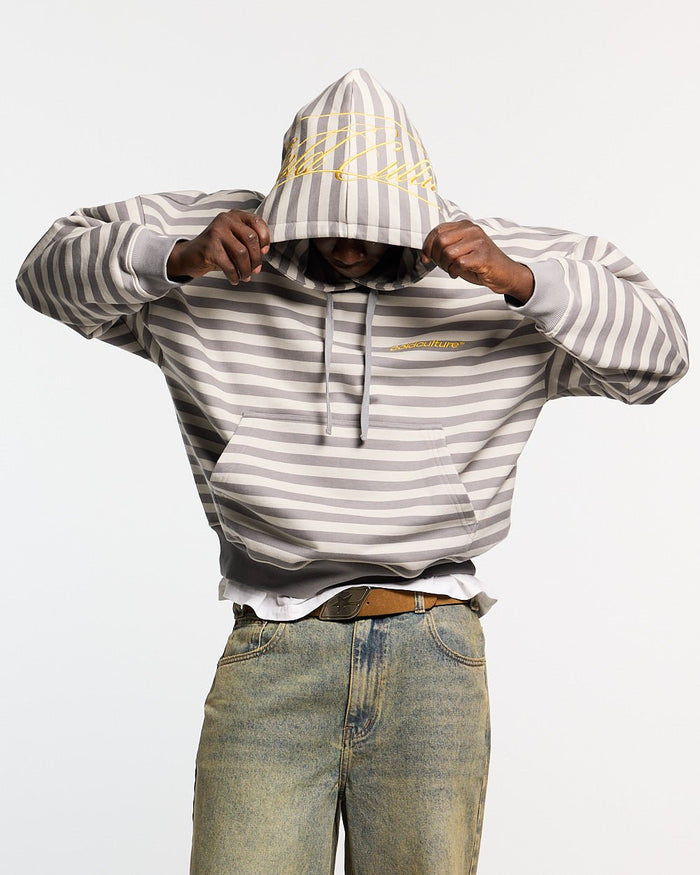 BUMBLE BEE HOODIE DARK GREY - grey striped hoodie, front view on male model - Cold Culture #man