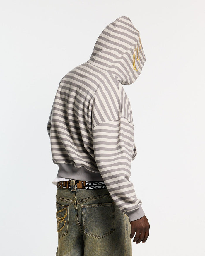 BUMBLE BEE HOODIE DARK GREY - grey striped hoodie, back view on male model - Cold Culture #man