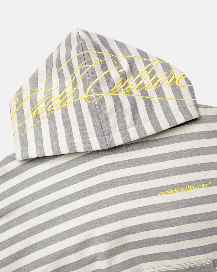 BUMBLE BEE HOODIE DARK GREY - grey striped hoodie, detail close-up - Cold Culture