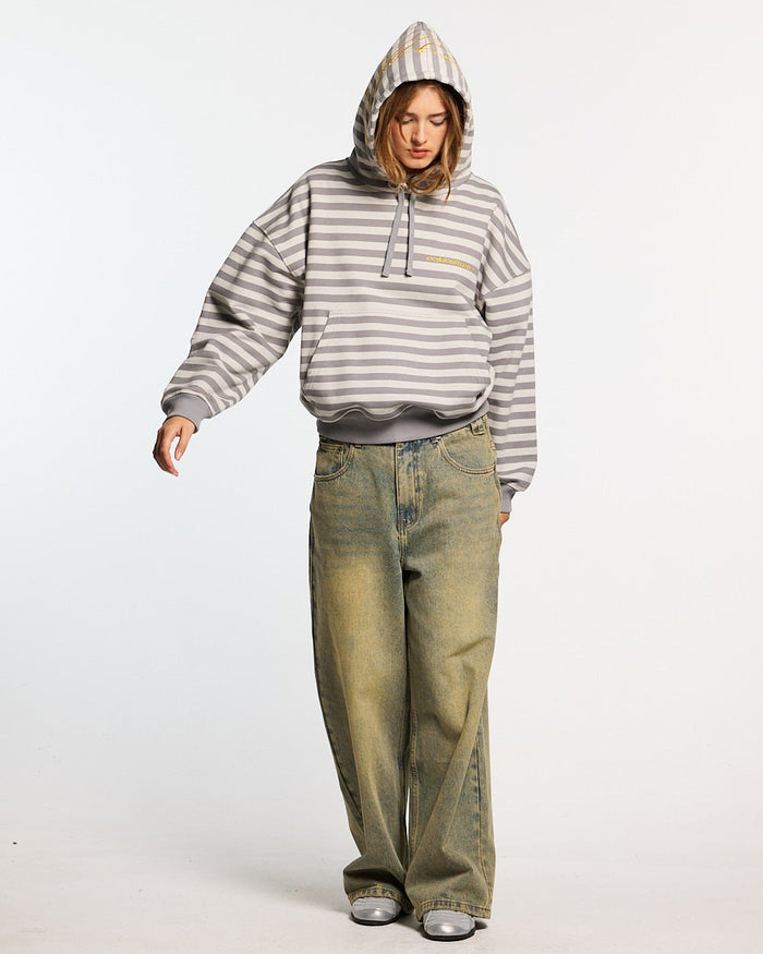 BUMBLE BEE HOODIE DARK GREY - grey striped hoodie, front view on female model - Cold Culture #woman