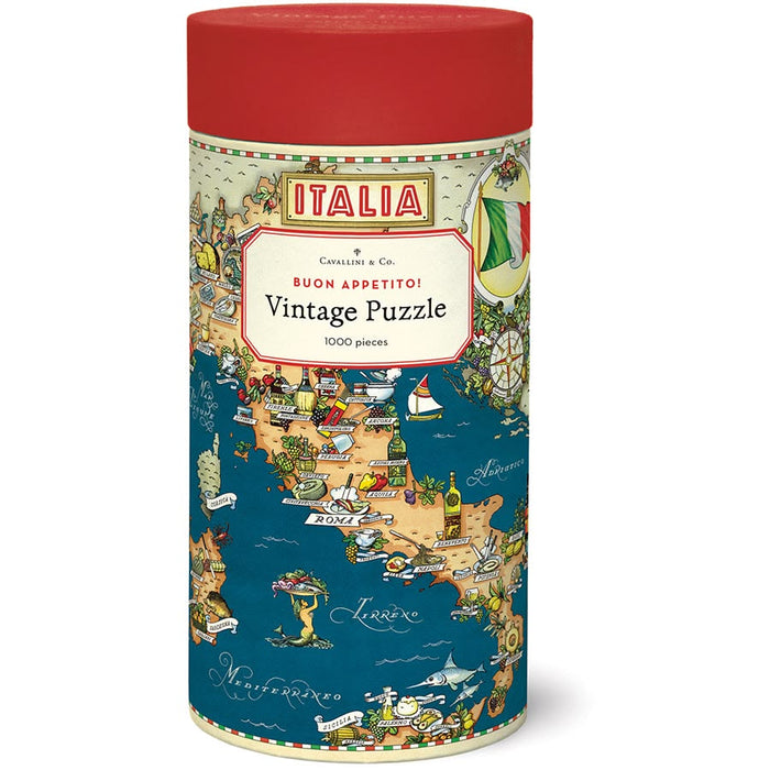 cylindrical puzzle box with an illustrated map of Italy on a white background