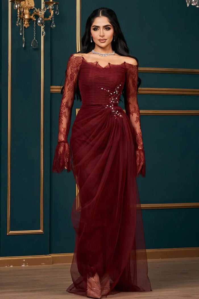 Burgundy Off-the-Shoulder Lace Beaded Evening Dress with Long Sheer Sleeves SF456 Sheer Fairy