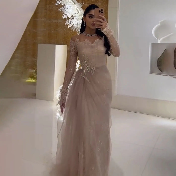 Burgundy Off-the-Shoulder Lace Beaded Evening Dress with Long Sheer Sleeves SF456 Sheer Fairy